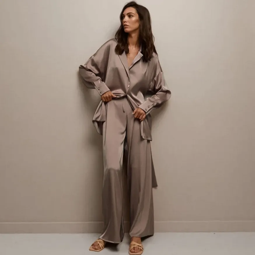 Women Fashion Autumn Imitation Silk Loose Long-Sleeve Cardigan Pants Pajamas Two-Piece Set