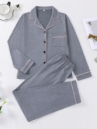 Women Fashion Casual Autumn Long Sleeve Cardigan Loose Pants Pajamas Two-Piece Set