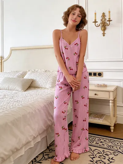 Women Fashion Casual Summer Vertical Stripe Cherry Print Camisole Wide Leg Pants Ruffled Pajamas Two-Piece Set
