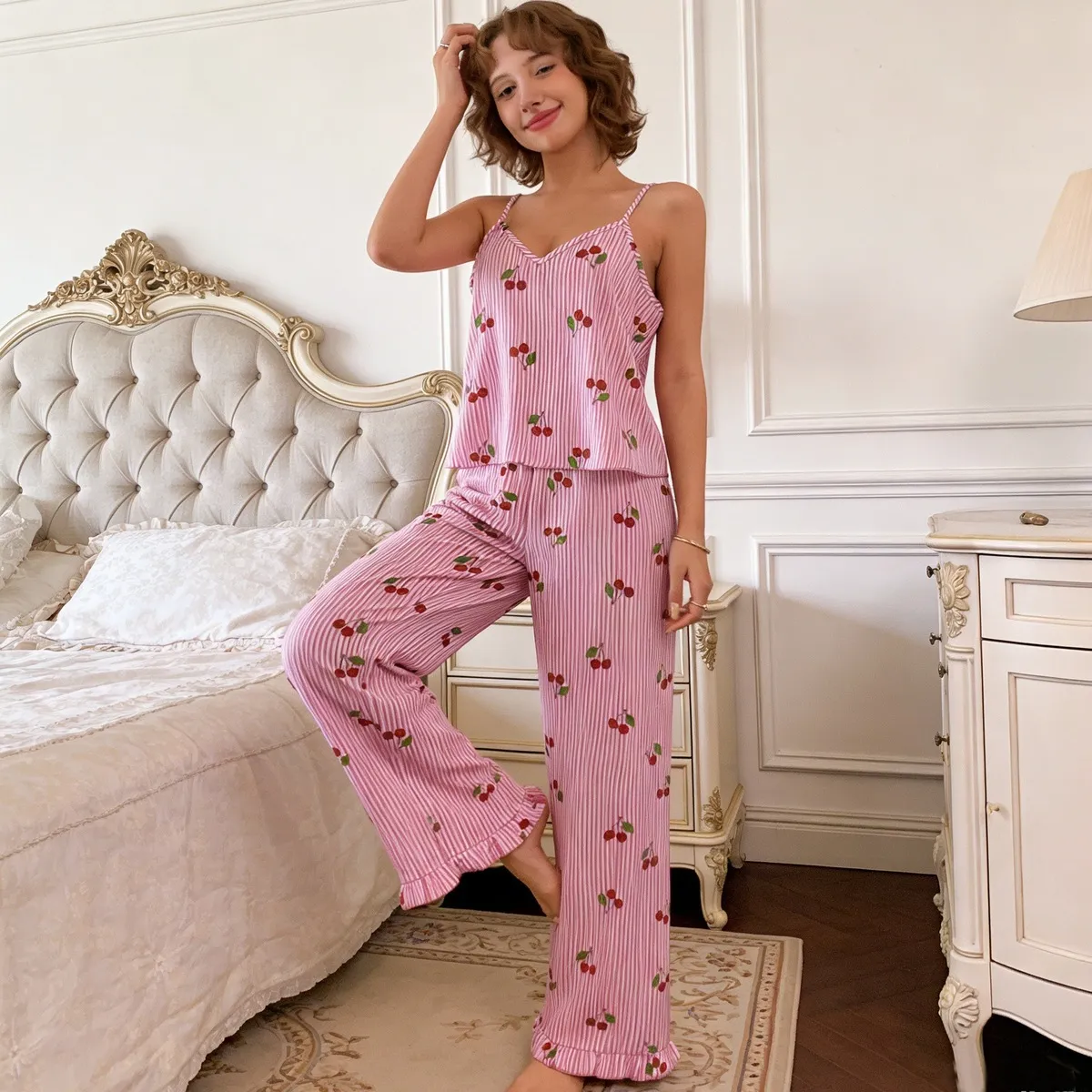 Women Fashion Casual Summer Vertical Stripe Cherry Print Camisole Wide Leg Pants Ruffled Pajamas Two-Piece Set