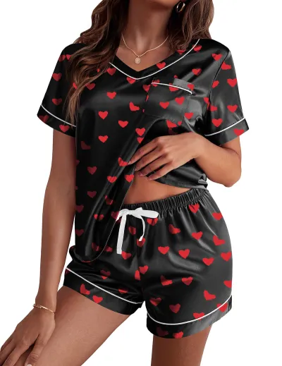 Women Fashion Casual Summer Printed Short Sleeve T-Shirt Loose Shorts Pajamas Two-Piece Set