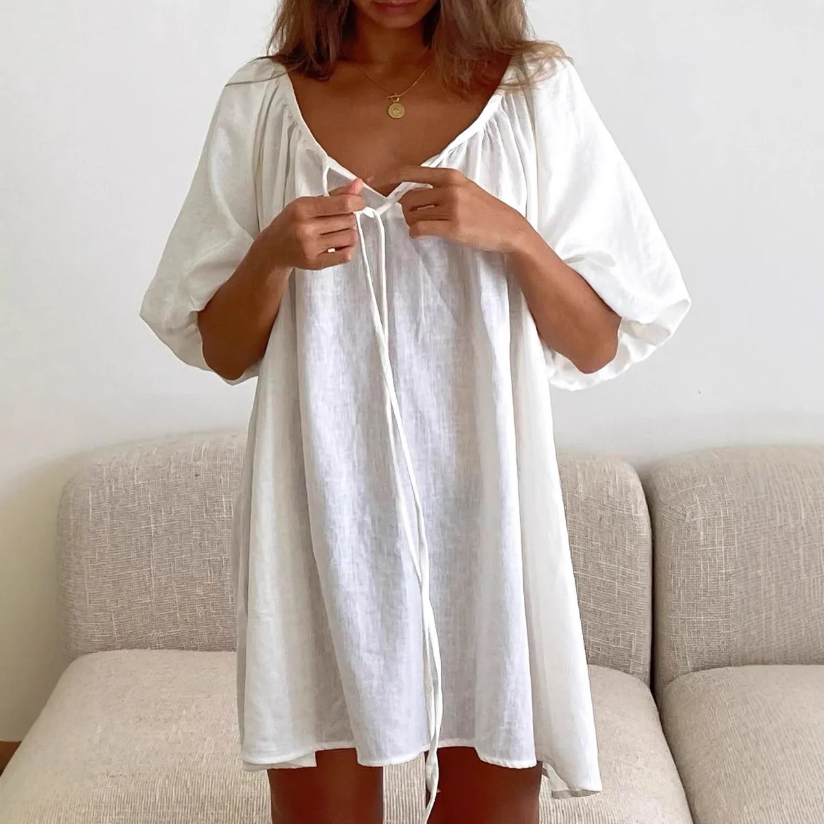 Women Fashion Summer Solid Color Cotton Breathable Loose Lace-Up Nightgown