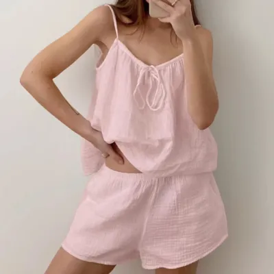 Women Fashion Summer Solid Color Double-Layer Yarn Cotton Camisole Loose Shorts Pajamas Two-Piece Set