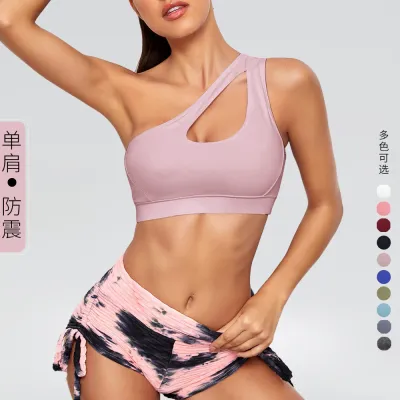 Women Fashion Sexy Solid Color One-Shoulder Quick-Drying Yoga Sports Bra