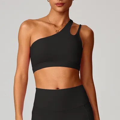 Women Fashion Sexy Solid Color Oblique Shoulder Yoga Sports Bra