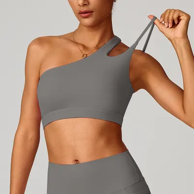 Women Fashion Sexy Solid Color Oblique Shoulder Yoga Sports Bra