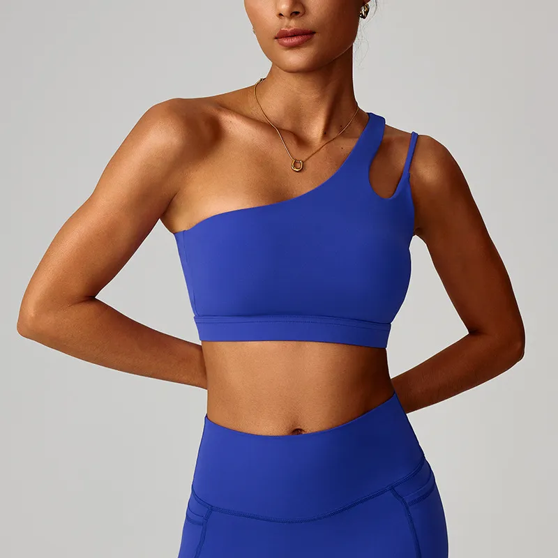 Women Fashion Sexy Solid Color Oblique Shoulder Yoga Sports Bra