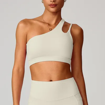 Women Fashion Sexy Solid Color Oblique Shoulder Yoga Sports Bra