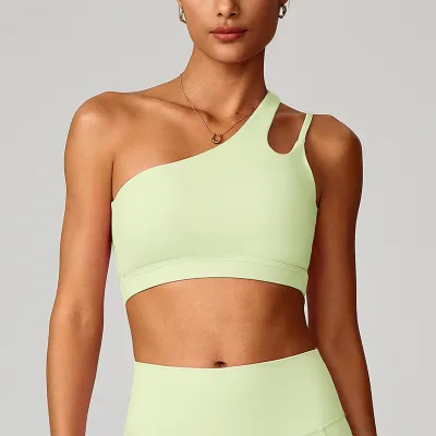 Women Fashion Sexy Solid Color Oblique Shoulder Yoga Sports Bra