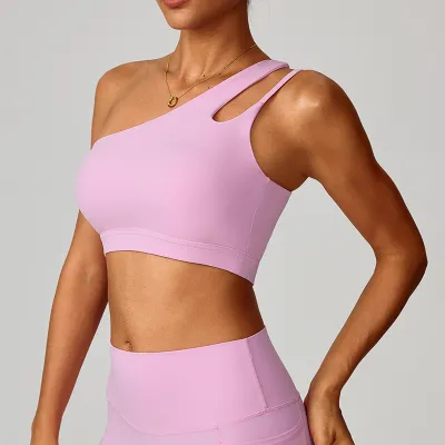 Women Fashion Sexy Solid Color Oblique Shoulder Yoga Sports Bra