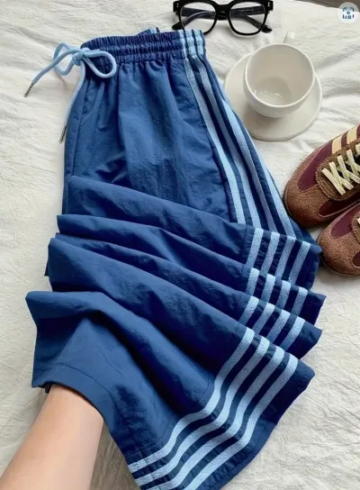Women Fashion Casual Summer Stripe High Waist Drawstring Wide Leg Sports Pants