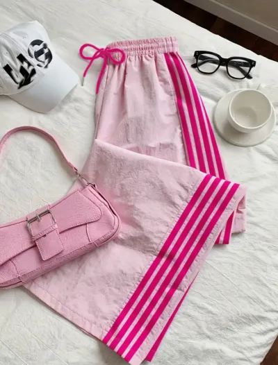 Women Fashion Casual Summer Stripe High Waist Drawstring Wide Leg Sports Pants