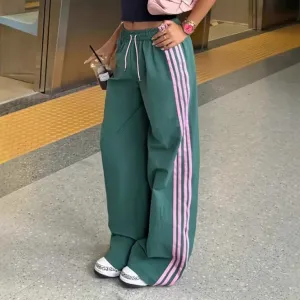 Women Fashion Casual Summer Stripe High Waist Drawstring Wide Leg Sports Pants