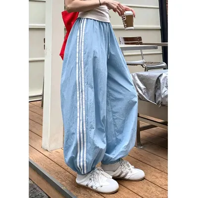 Women Fashion Casual Stripe Quick-Drying High Waist Straight Leg Sports Pants