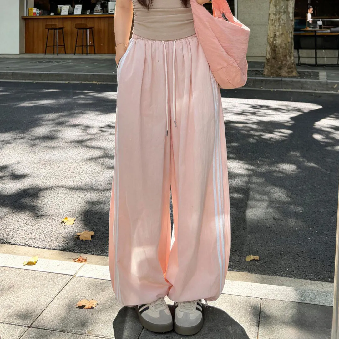 Women Fashion Casual Stripe Quick-Drying High Waist Straight Leg Sports Pants