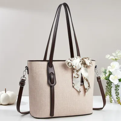 Women Fashion Casual Solid Color Silk Scarf Decorative Large Capacity Tote Bag