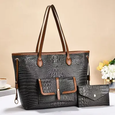 Women Fashion Casual Crocodile Pattern Large Capacity Tote Bag Two-Piece Bag Set