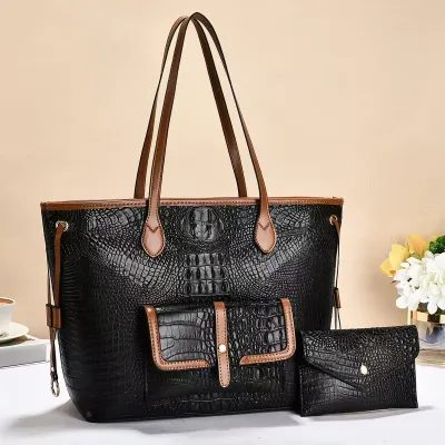 Women Fashion Casual Crocodile Pattern Large Capacity Tote Bag Two-Piece Bag Set