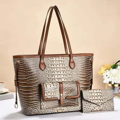 Women Fashion Casual Crocodile Pattern Large Capacity Tote Bag Two-Piece Bag Set
