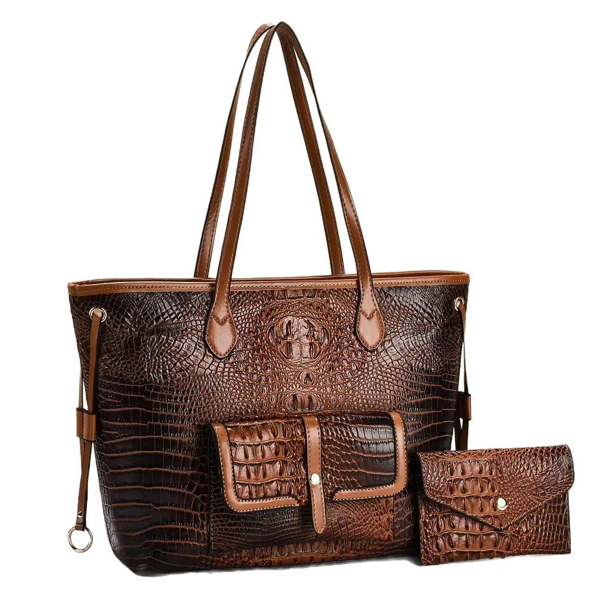 Women Fashion Casual Crocodile Pattern Large Capacity Tote Bag Two-Piece Bag Set