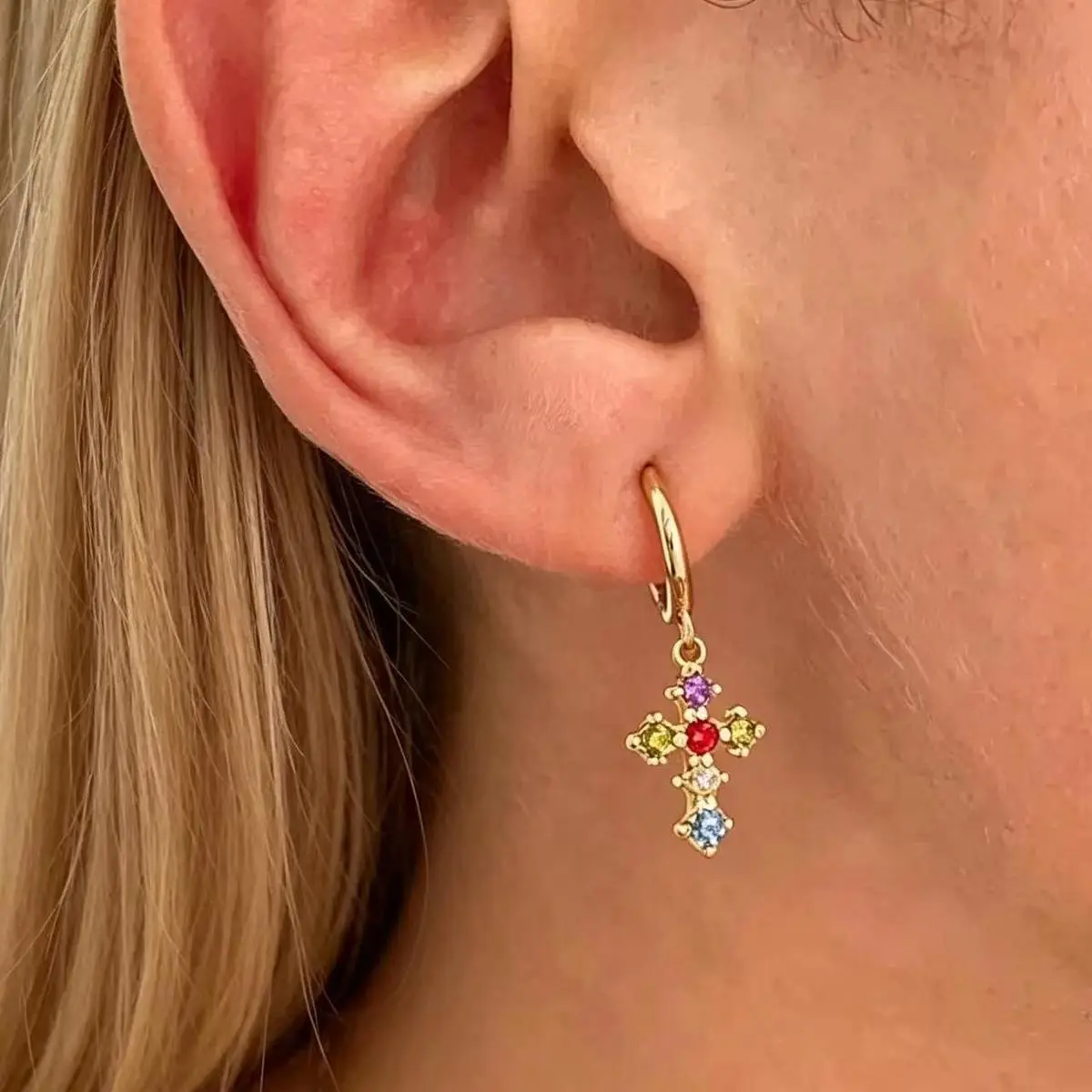 Women Fashion Cross Color Diamond Earrings