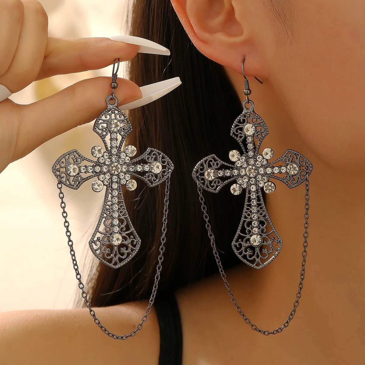 Women Fashion Alloy Cross Diamond Tassel Chain Earrings