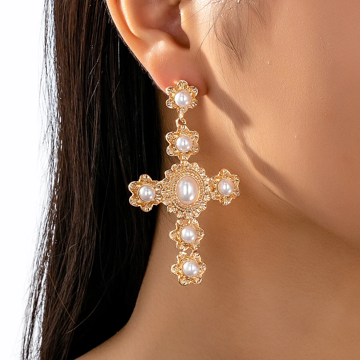 Women Fashion Retro Cross Inlaid Imitation Pearl Earrings