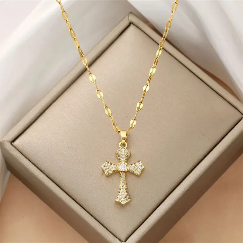 Women Fashion Simple 18k Gold Plated Cross Pendant Necklace