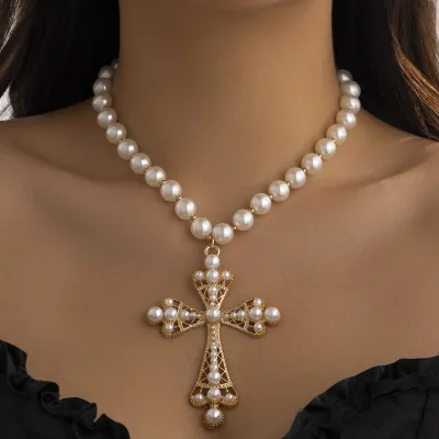 Women Fashion Hip-Hop Cross Stitching Imitation Pearl Clavicle Chain Necklace