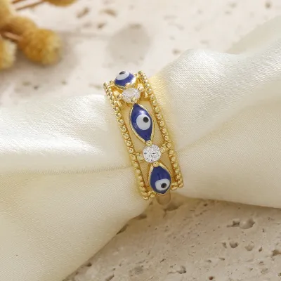 Women Fashion Copper Zircon Enamel Oil Drop Evil Eye Adjustable Ring