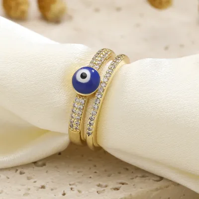 Women Fashion Copper Zircon Enamel Oil Drop Evil Eye Adjustable Ring