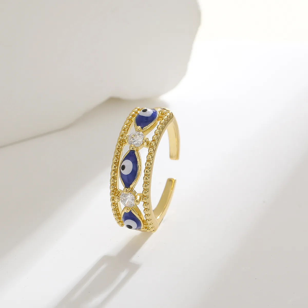 Women Fashion Copper Zircon Enamel Oil Drop Evil Eye Adjustable Ring