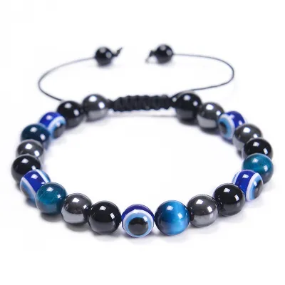 Fashion 8mm Evil Eye Natural Stone Beaded Woven Bracelet
