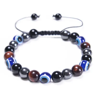 Fashion 8mm Evil Eye Natural Stone Beaded Woven Bracelet