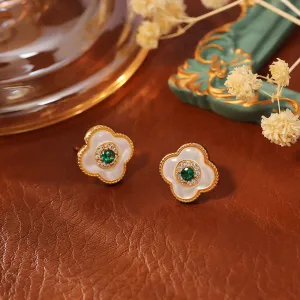 Women Fashion Shell Zircon Four-Leaf Clover Earrings