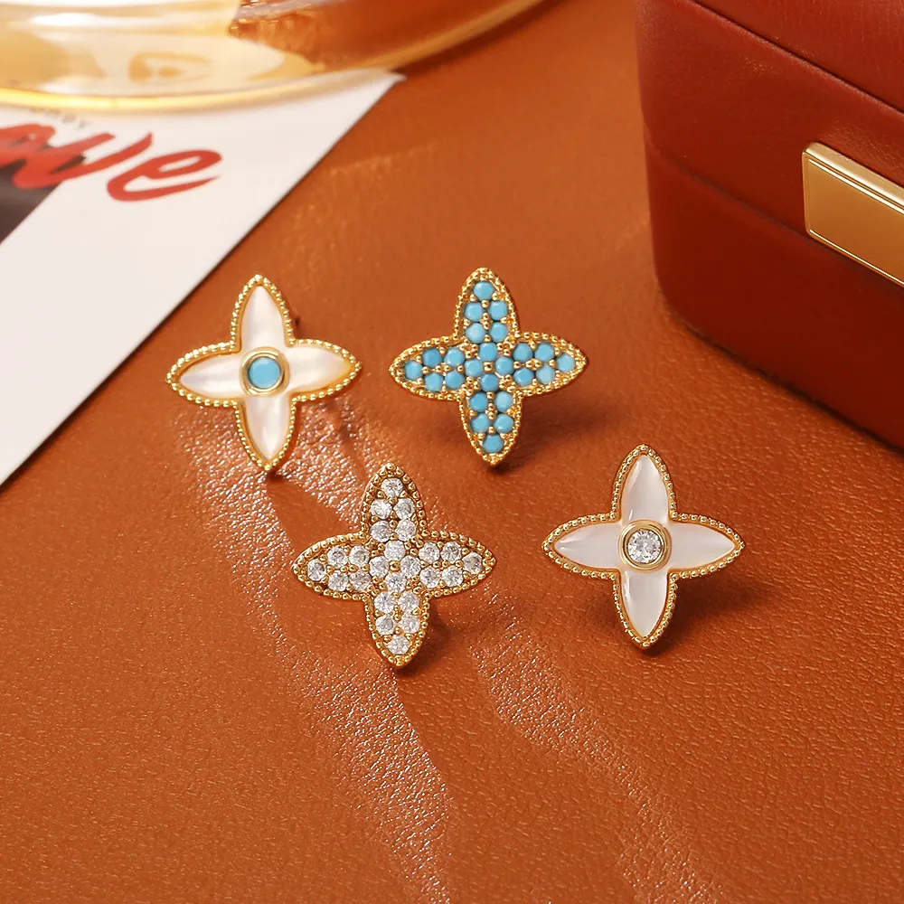 Women Fashion Asymmetric Zircon Natural Fritillaria Four-Leaf Clover Earrings