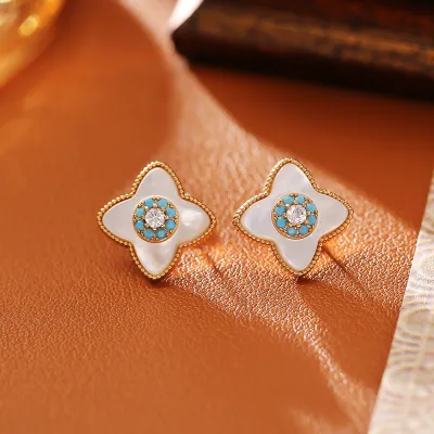 Women Fashion Natural Fritillary Turquoise Four-Leaf Clover Earrings