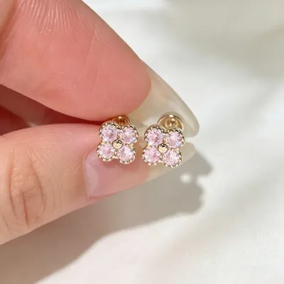 Women Fashion Titanium Steel Ear Bone Nail Pink Zircon Four-Leaf Clover Earrings