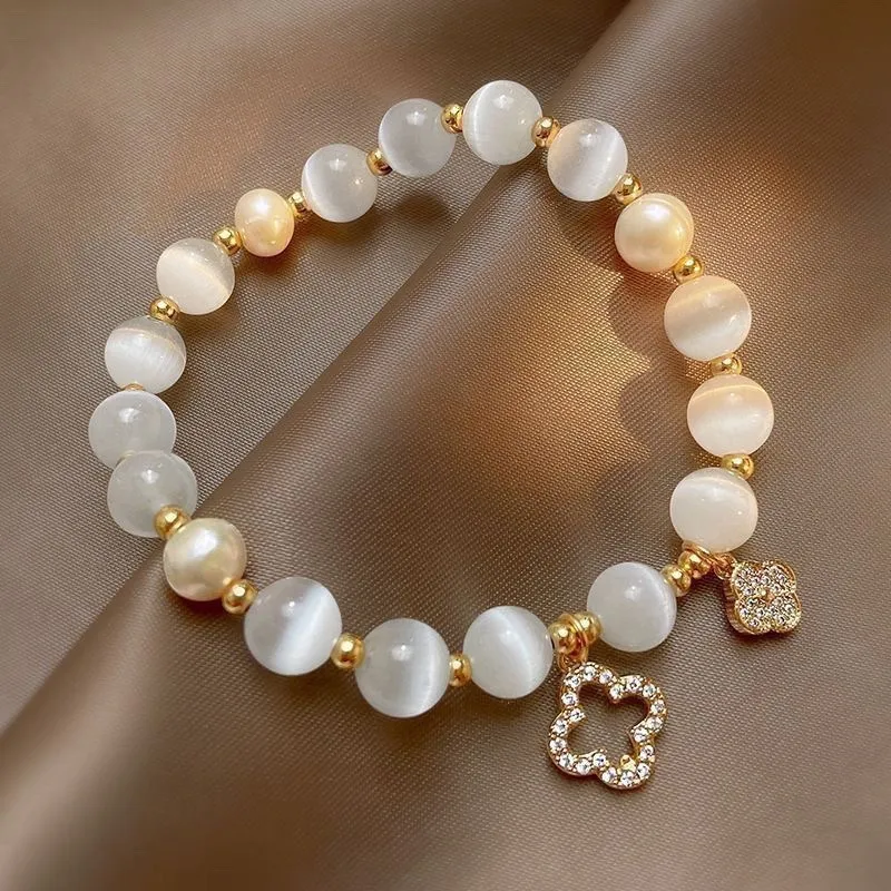 Women Fashion Faux Cat'S Eye Stone Beads Four-Leaf Clover Glass Bracelet