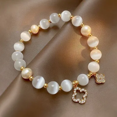 Women Fashion Faux Cat'S Eye Stone Beads Four-Leaf Clover Glass Bracelet