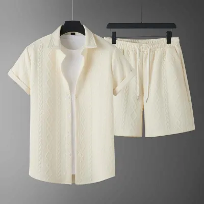 Men'S Fashion Casual Solid Color Lapel Short-Sleeve Polo Shirt Loose Shorts Two-Piece Set