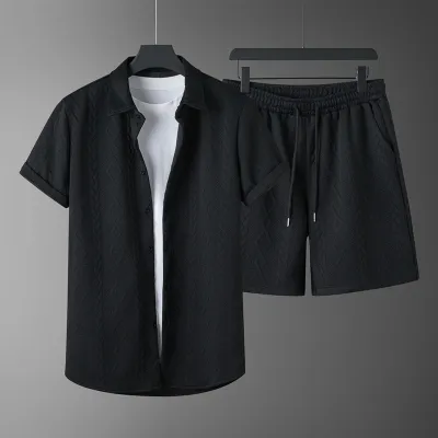 Men'S Fashion Casual Solid Color Lapel Short-Sleeve Polo Shirt Loose Shorts Two-Piece Set
