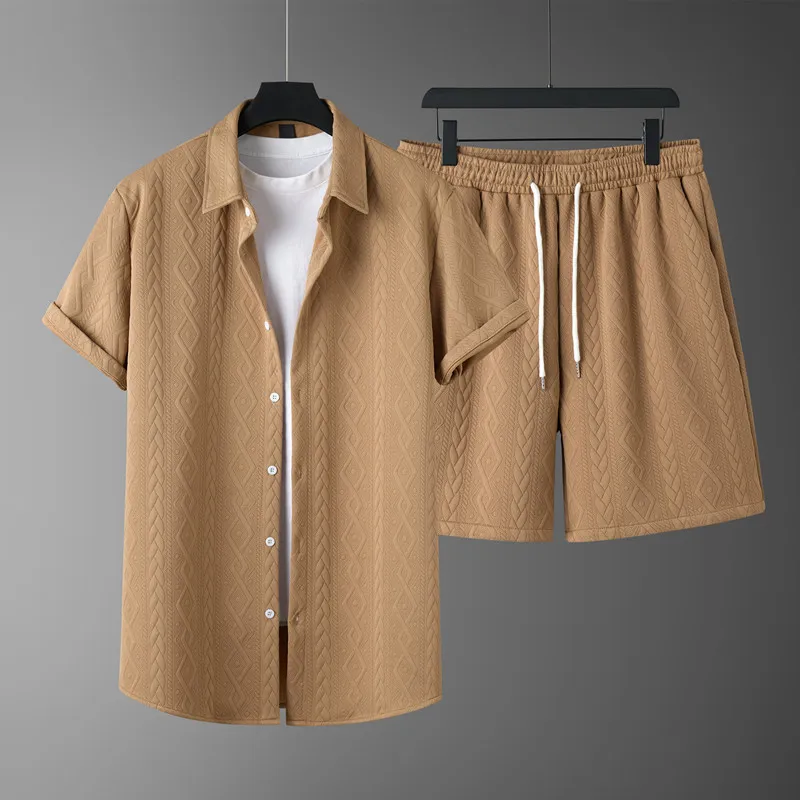 Men'S Fashion Casual Solid Color Lapel Short-Sleeve Polo Shirt Loose Shorts Two-Piece Set