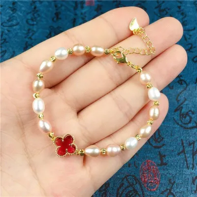 Women Fashion Natural Freshwater Pearl Four-Leaf Clover Bracelet