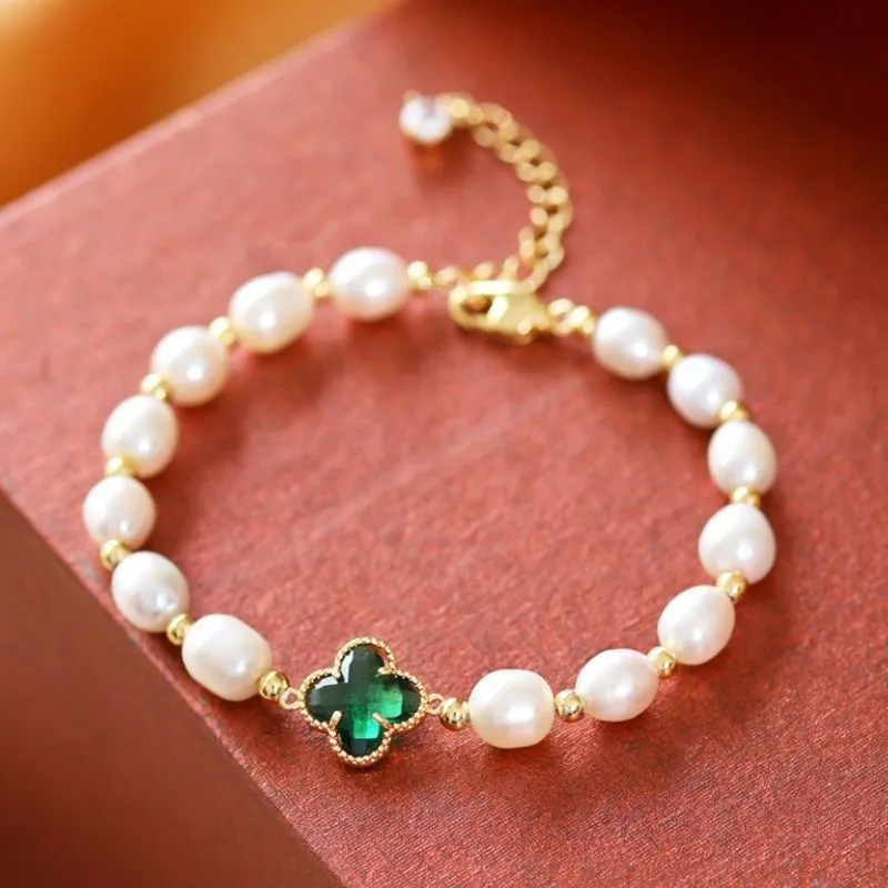Women Fashion Natural Freshwater Pearl Four-Leaf Clover Bracelet