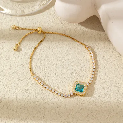 Women Fashion Multicolor Zirconium Four-Leaf Clover Bracelet