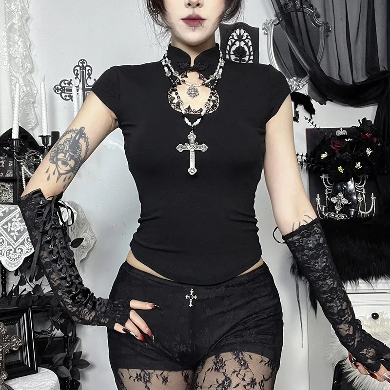 Women Fashion Summer Gothic Stand Collar Hollow Waist Stretch Short-Sleeve T-Shirt