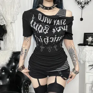 Women Fashion Gothic Short-Sleeve Tight Waist Pleated T-Shirt Two-Piece Set
