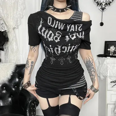 Women Fashion Gothic Short-Sleeve Tight Waist Pleated T-Shirt Two-Piece Set