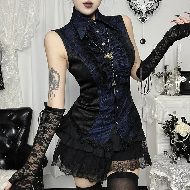 Women Fashion Summer Dark Gothic Lace Colorblock Ruffled Sleeveless Blouse